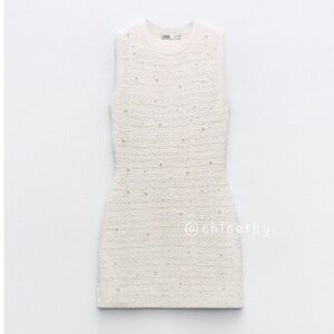 Zara Knit Dress Sleeveless Mini White Pearl Accent